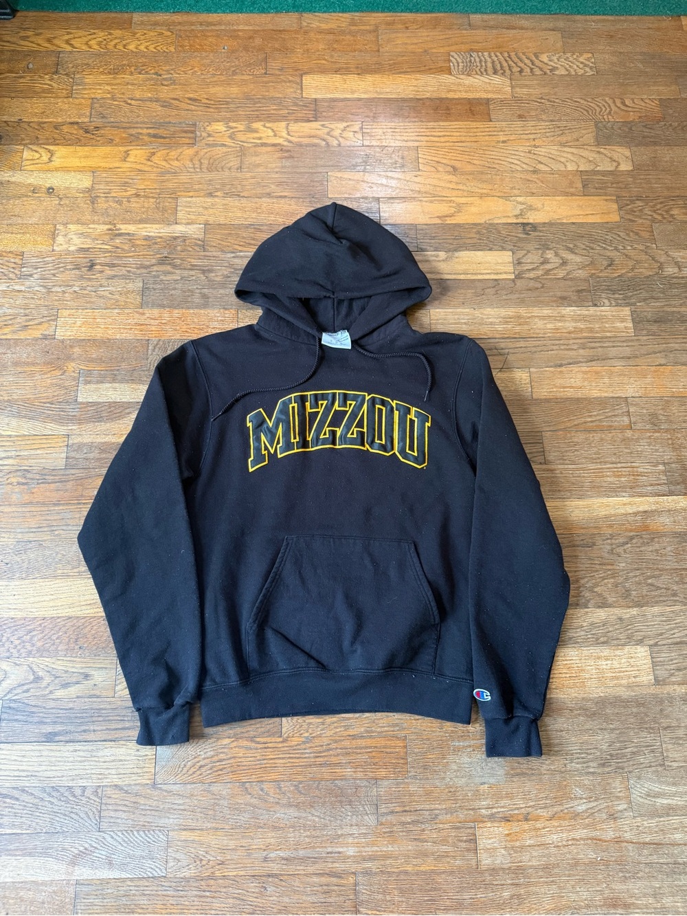 Champion Black Hooded Sweatshirt with Yellow Mizzou Lettering